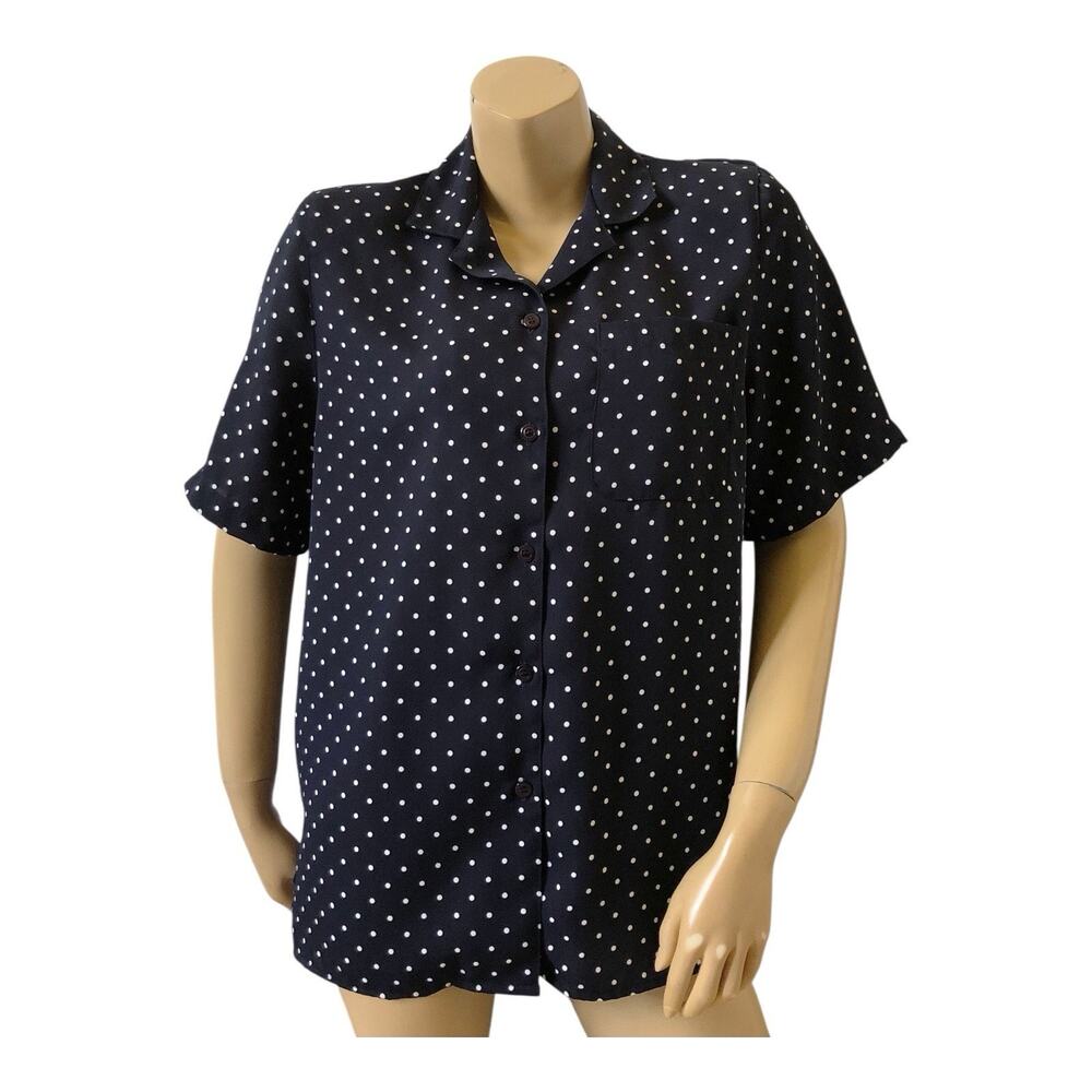 Vintage Alfred Dunner Blouse Womens Petite 14 Navy Polka Dot Button Up Collared